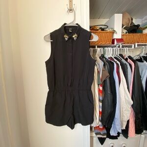 Black Sleeveless Romper with Embellished Collar